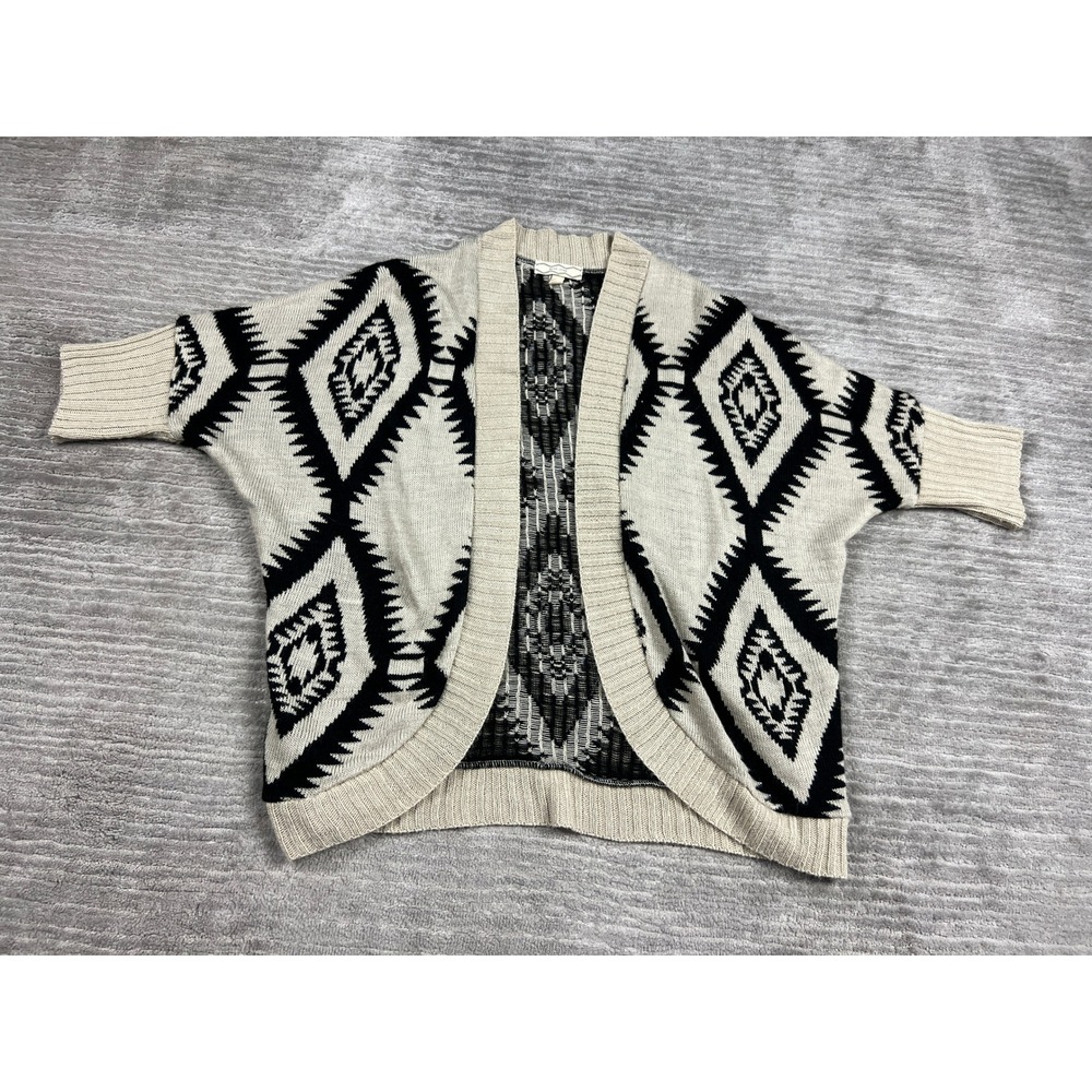 Pink Rose Cardigan Womens Lrg Cream Black Geometric Tribal Open Front PF3157G3BK